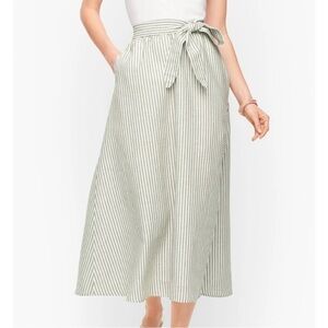 Talbots Linen Blend Midi Skirt small White Green candy Striped Waist Tie